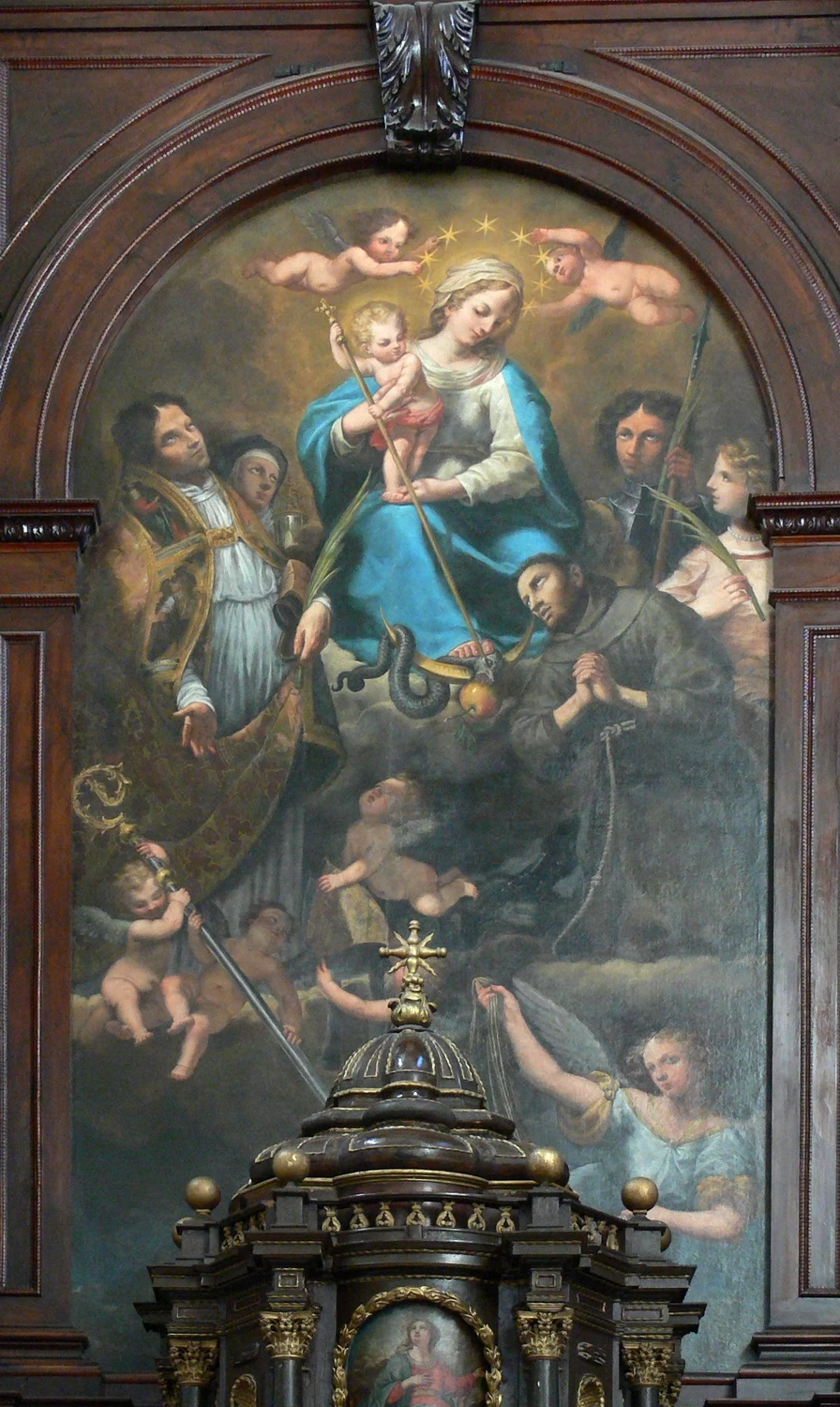 Madonna immacolata con Bambino, San Vigilio, Santa Chiara, San Francesco d’Assisi, San Giorgio, Santa Caterina d’Alessandria e Angeli - Chiesa di san Vigilio, Cavalese